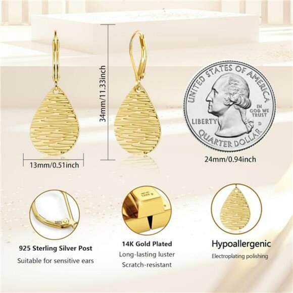 Gold teardrop dangle earrings for women sterling silver hammered drop leverback - Picture 3 of 7